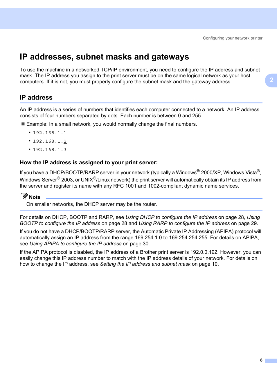 Ip addresses, subnet masks and gateways, Ip address | Brother ETHERNET QL-580N User Manual | Page 13 / 42