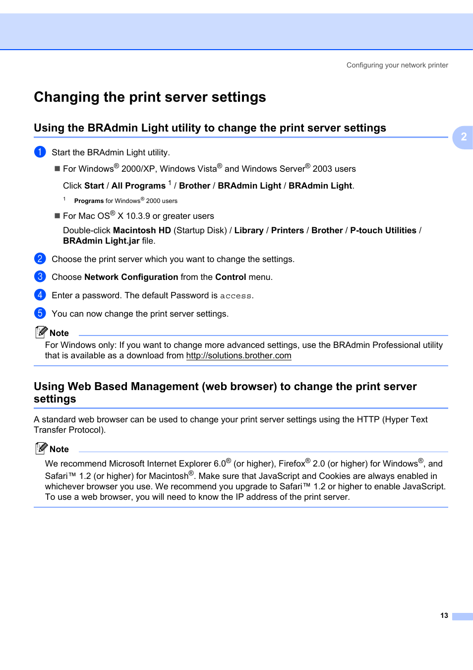 Changing the print server settings | Brother ETHERNET QL-580N User Manual | Page 18 / 42