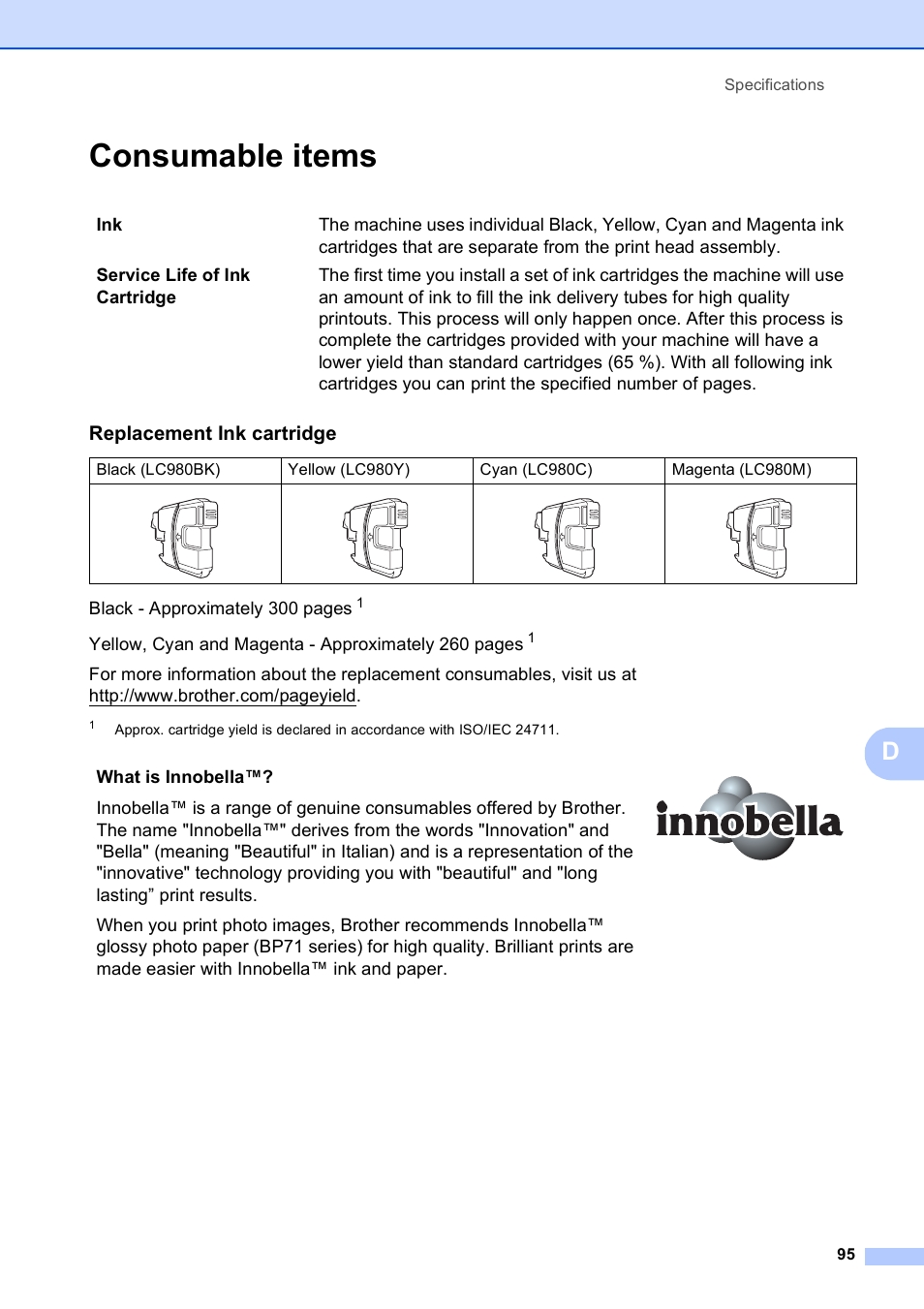 Consumable items, Replacement ink cartridge | Brother DCP-375CW User Manual | Page 103 / 109