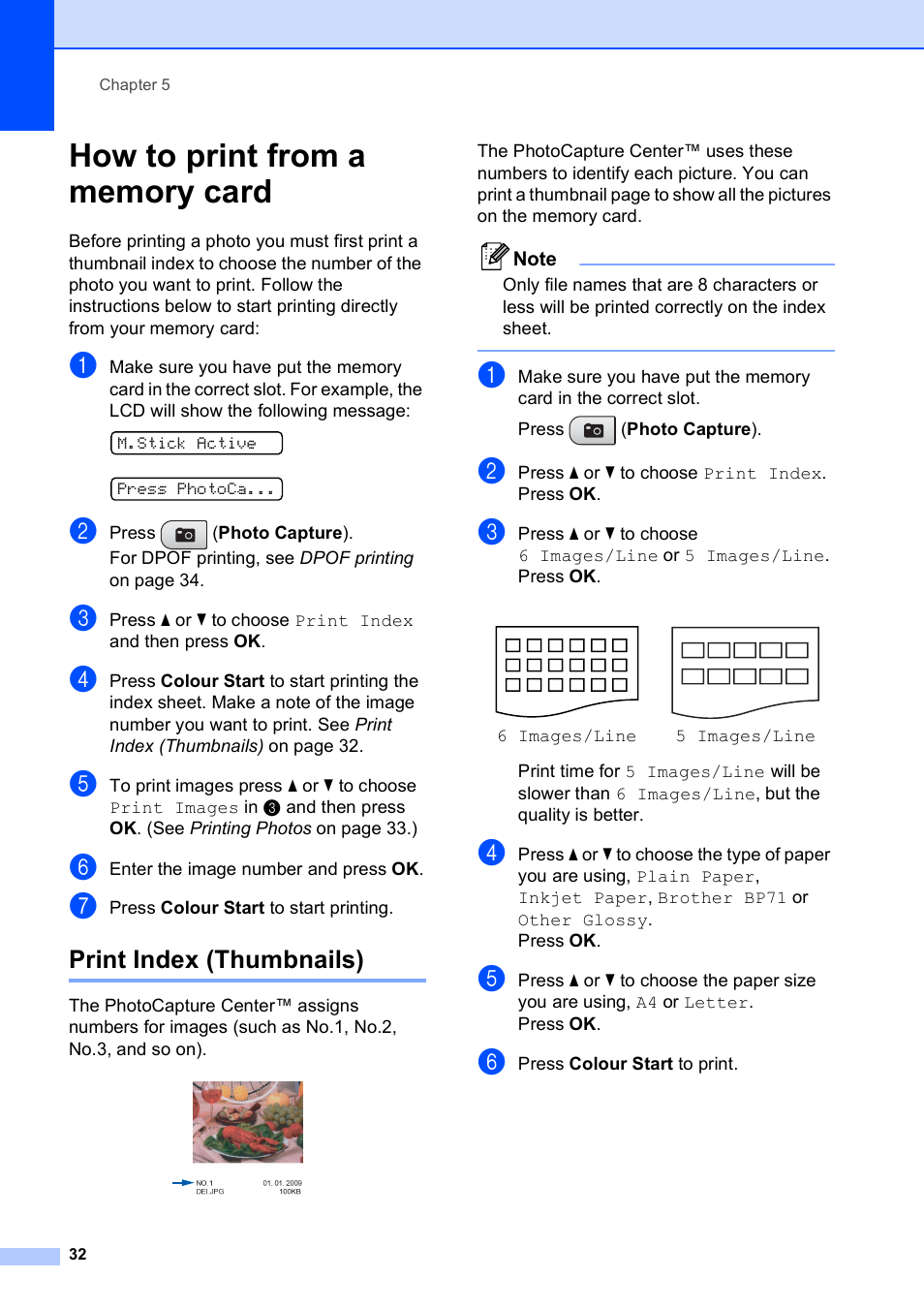How to print from a memory card, Print index (thumbnails) | Brother DCP-375CW User Manual | Page 40 / 109