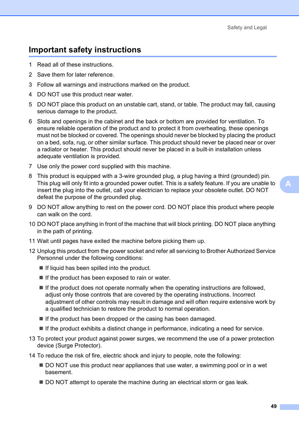 Important safety instructions, Aimportant safety instructions | Brother DCP-375CW User Manual | Page 57 / 109