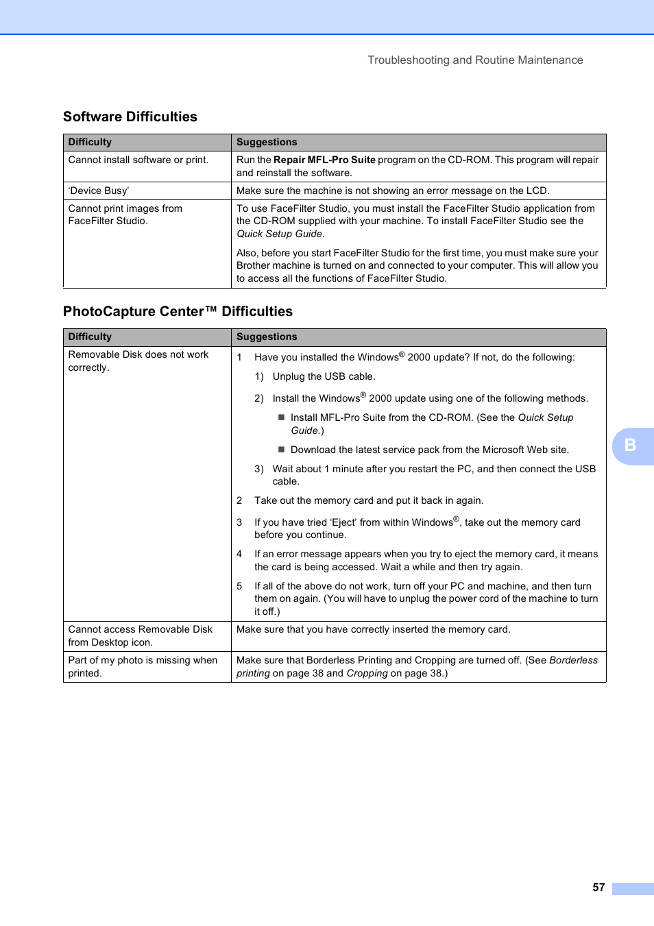 Software difficulties, Photocapture center™ difficulties | Brother DCP-375CW User Manual | Page 65 / 109