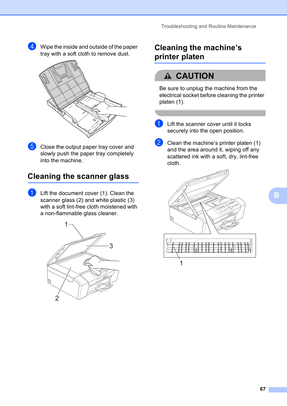 Cleaning the scanner glass, Cleaning the machine’s printer platen, Caution | Brother DCP-375CW User Manual | Page 75 / 109