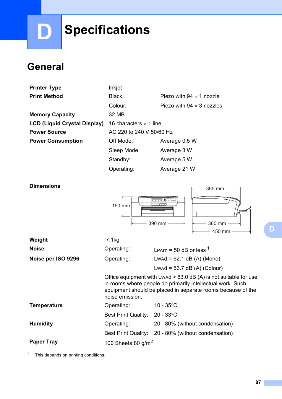 D specifications, General, Specifications | Brother DCP-375CW User Manual | Page 95 / 109