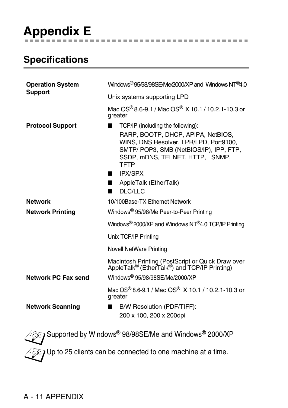 Appendix e, Specifications, A - 11 appendix | Supported by windows, 98/98se/me and windows | Brother NC-9100H User Manual | Page 157 / 163