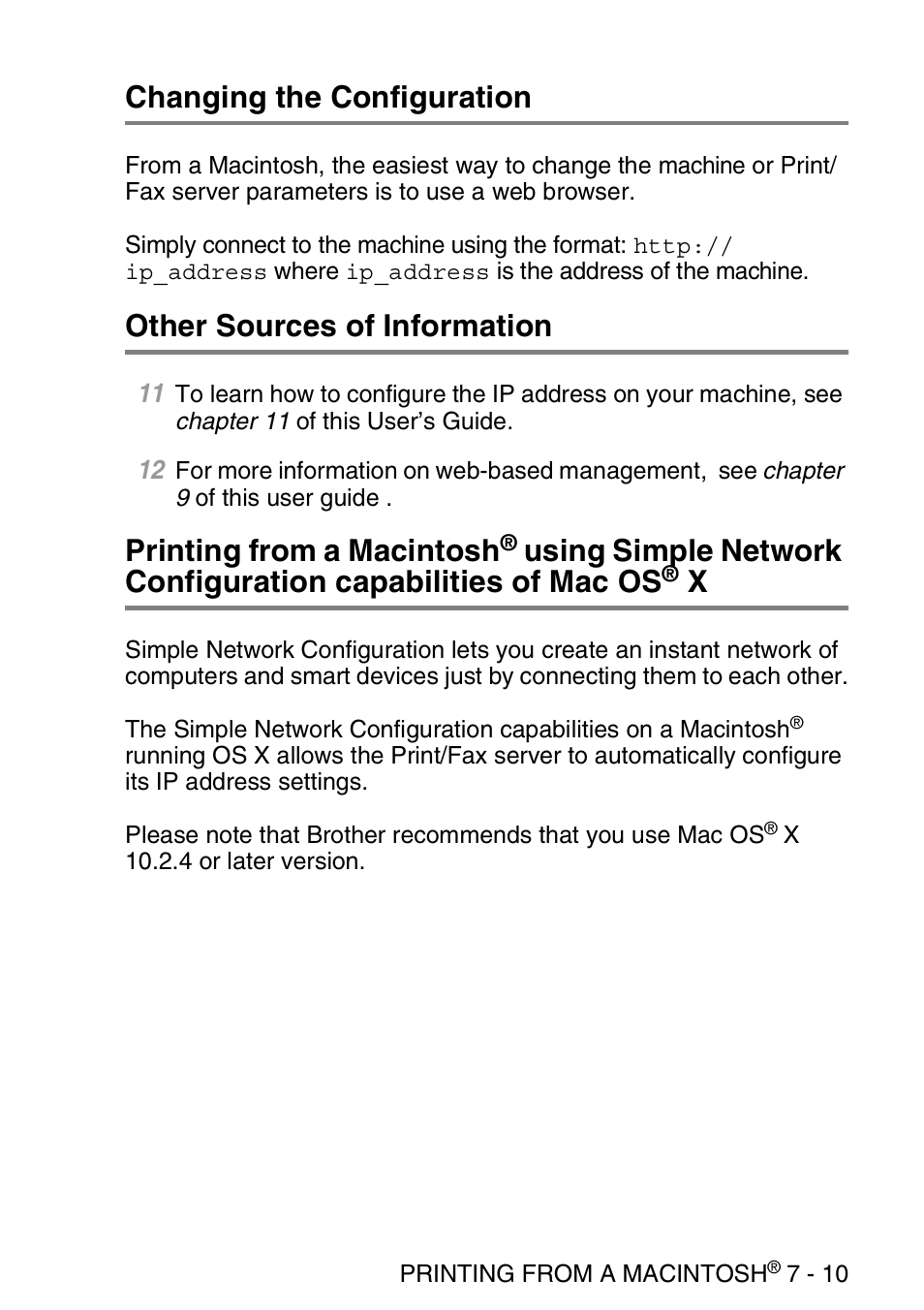 Changing the configuration, Other sources of information, Apple rendezvous™ printing | Using simple network, Configuration capabilities of mac os, X -10, Printing from a macintosh | Brother NC-9100H User Manual | Page 80 / 163