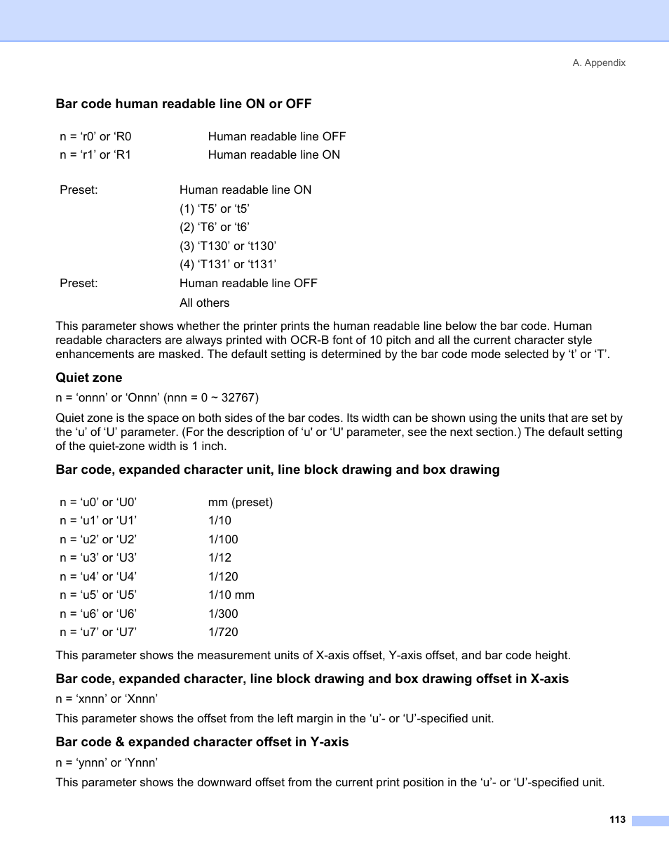 Bar code human readable line on or off, Quiet zone, Bar code & expanded character offset in y-axis | Brother HL-5240 User Manual | Page 121 / 138