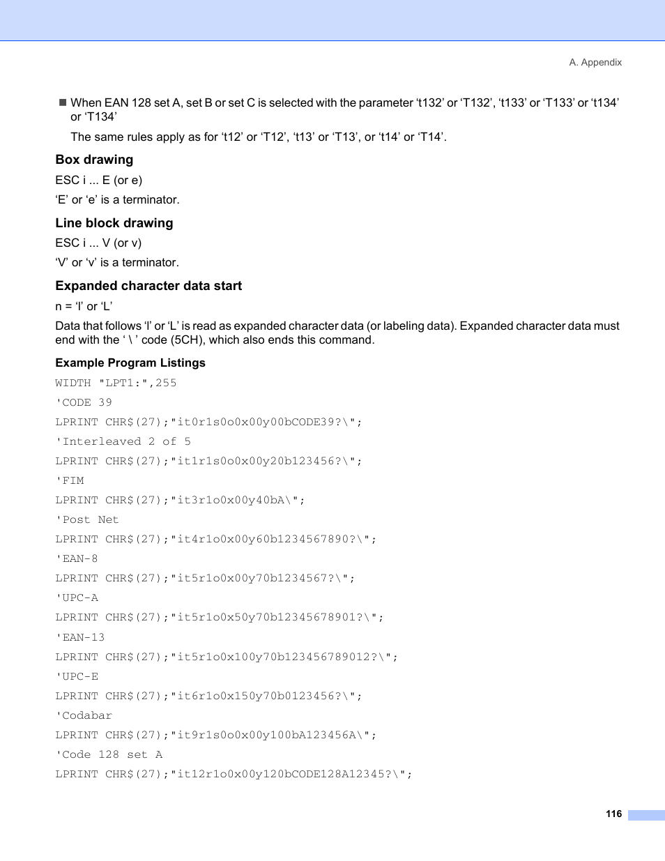 Box drawing, Line block drawing, Expanded character data start | Brother HL-5240 User Manual | Page 124 / 138