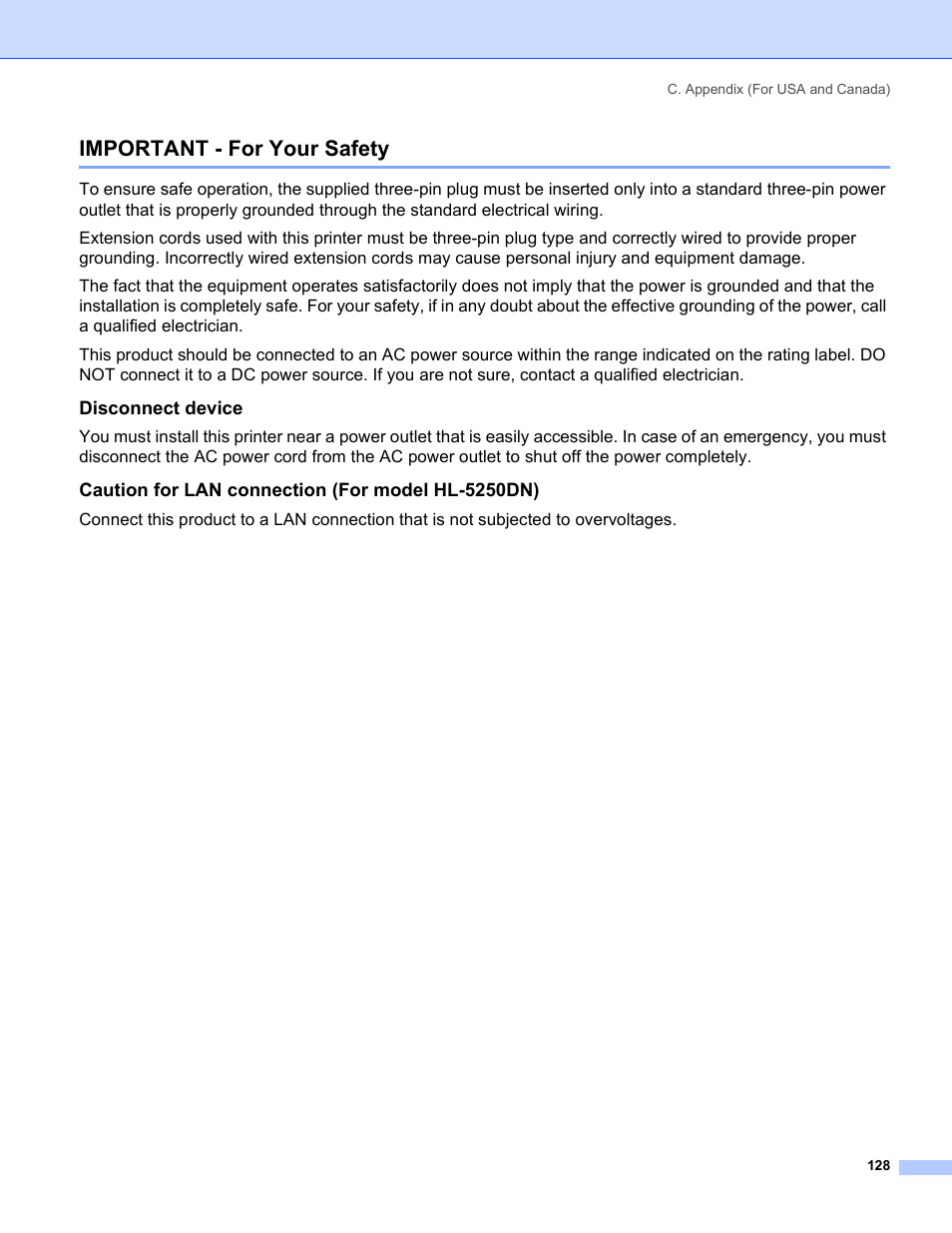Important - for your safety, Disconnect device, Caution for lan connection (for model hl-5250dn) | Brother HL-5240 User Manual | Page 136 / 138