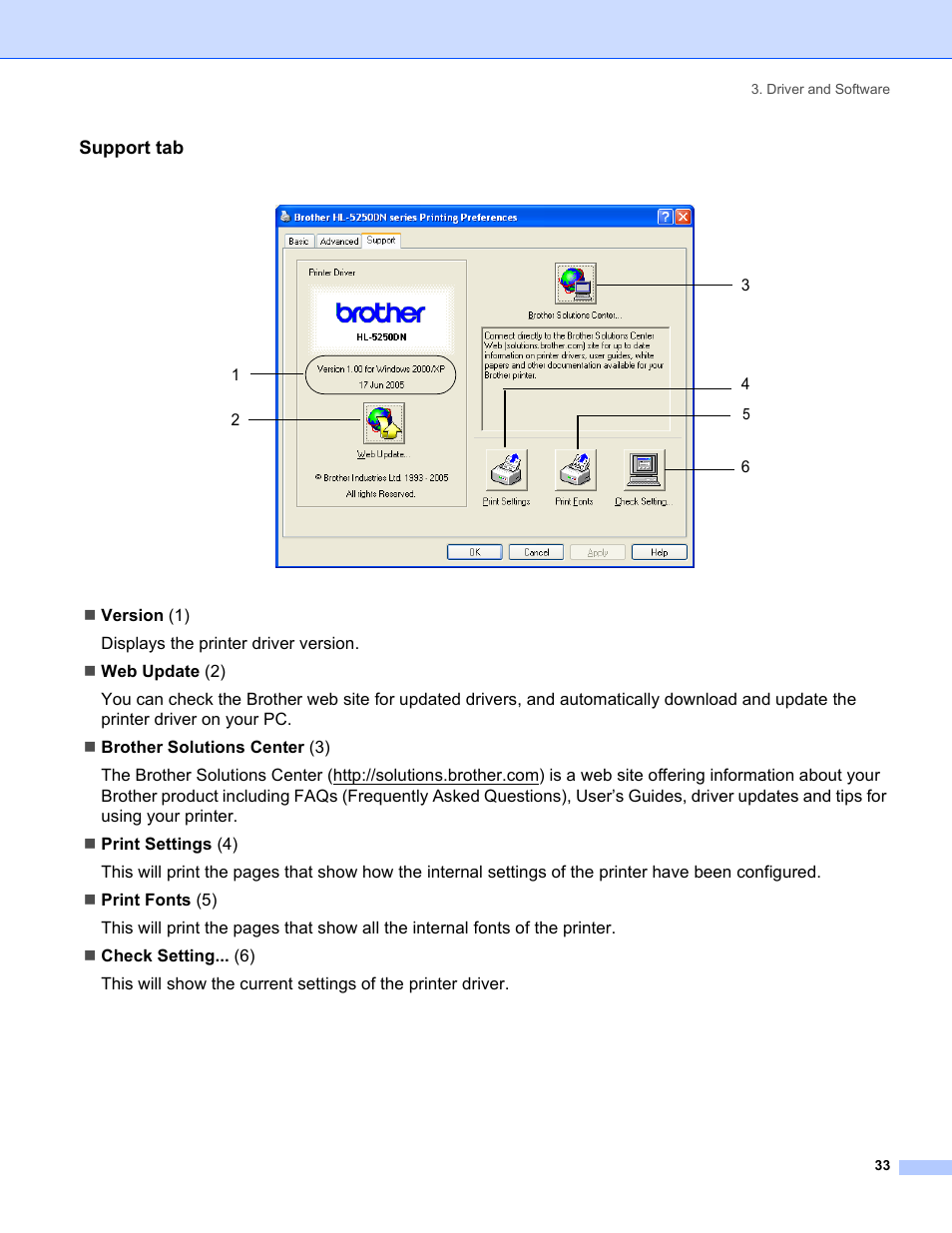 Support tab | Brother HL-5240 User Manual | Page 41 / 138