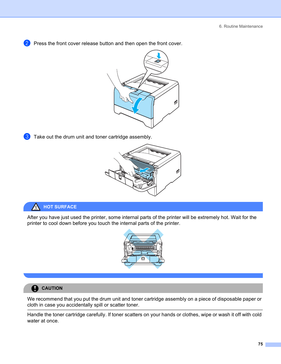 Hot surface, Caution, Routine maintenance 75 | Brother HL-5240 User Manual | Page 83 / 138