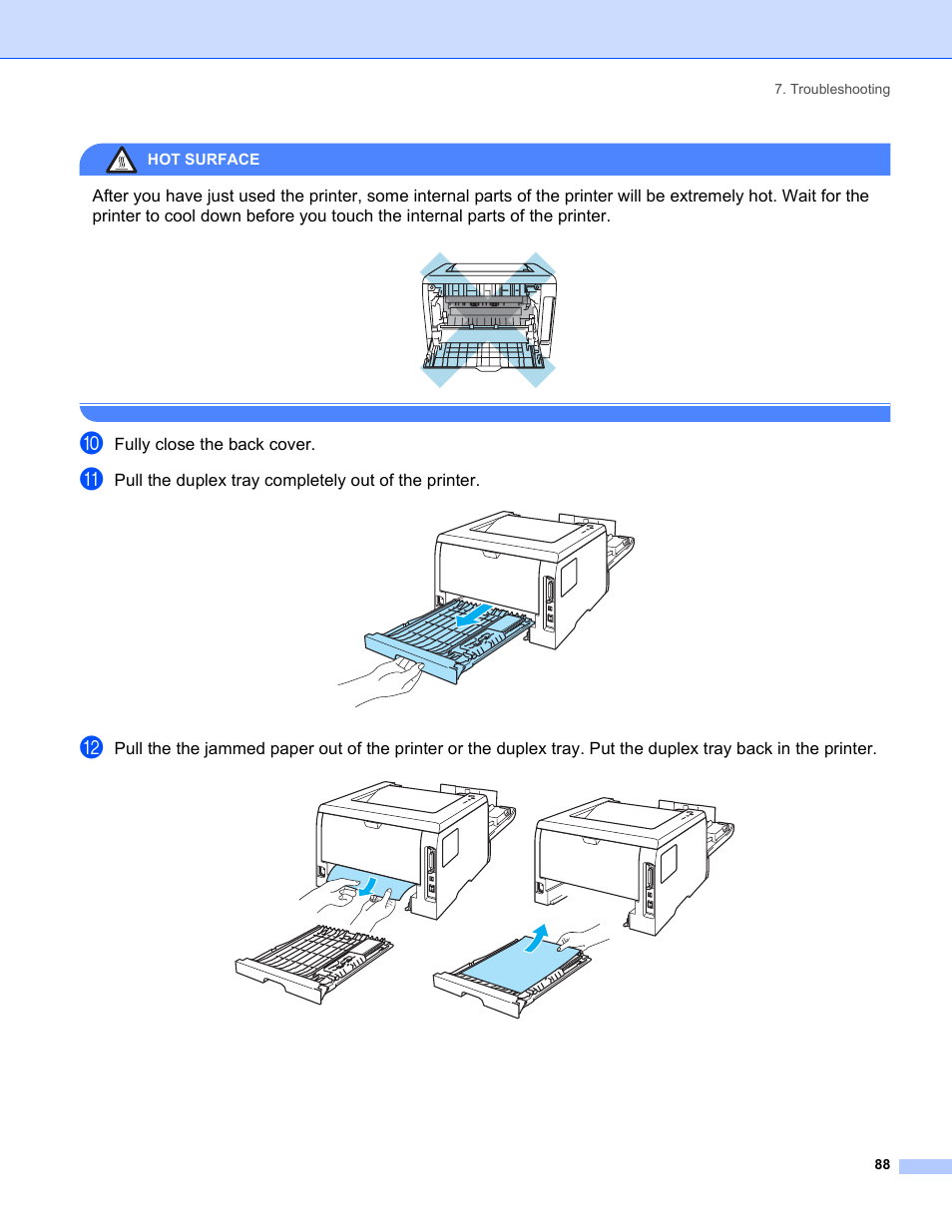 Fully close the back cover, Pull the duplex tray completely out of the printer | Brother HL-5240 User Manual | Page 96 / 138
