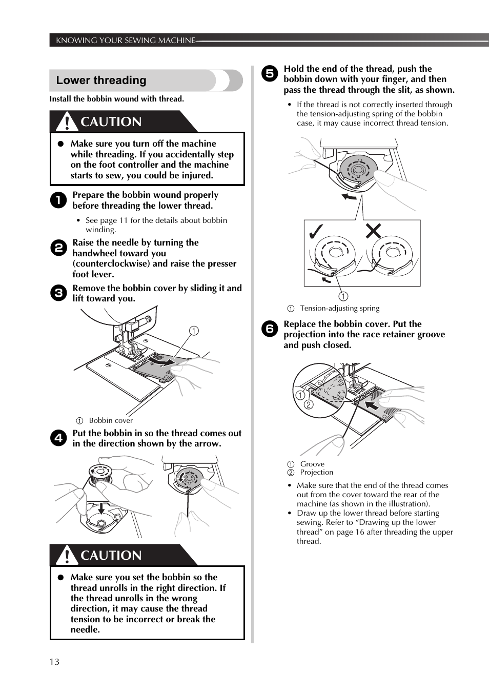 Lower threading, Caution | Brother 888-X56 User Manual | Page 14 / 40