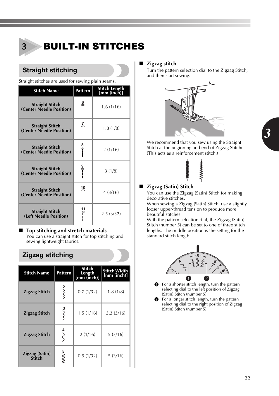 3 built-in stitches, Straight stitching, Zigzag stitching | Built-in stitches, Straight stitching zigzag stitching, 3built-in stitches | Brother 888-X56 User Manual | Page 23 / 40