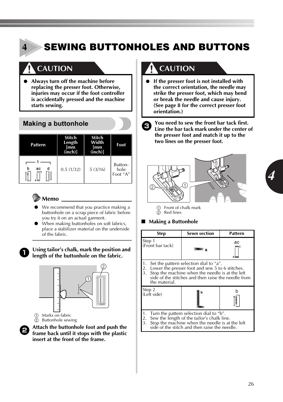 4 sewing buttonholes and buttons, Making a buttonhole, Sewing buttonholes and | Buttons, 4sewing buttonholes and buttons, Caution | Brother 888-X56 User Manual | Page 27 / 40