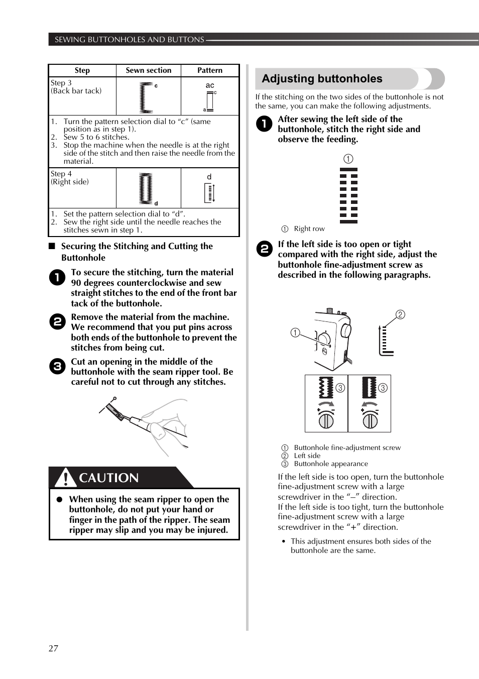 Adjusting buttonholes, Caution | Brother 888-X56 User Manual | Page 28 / 40