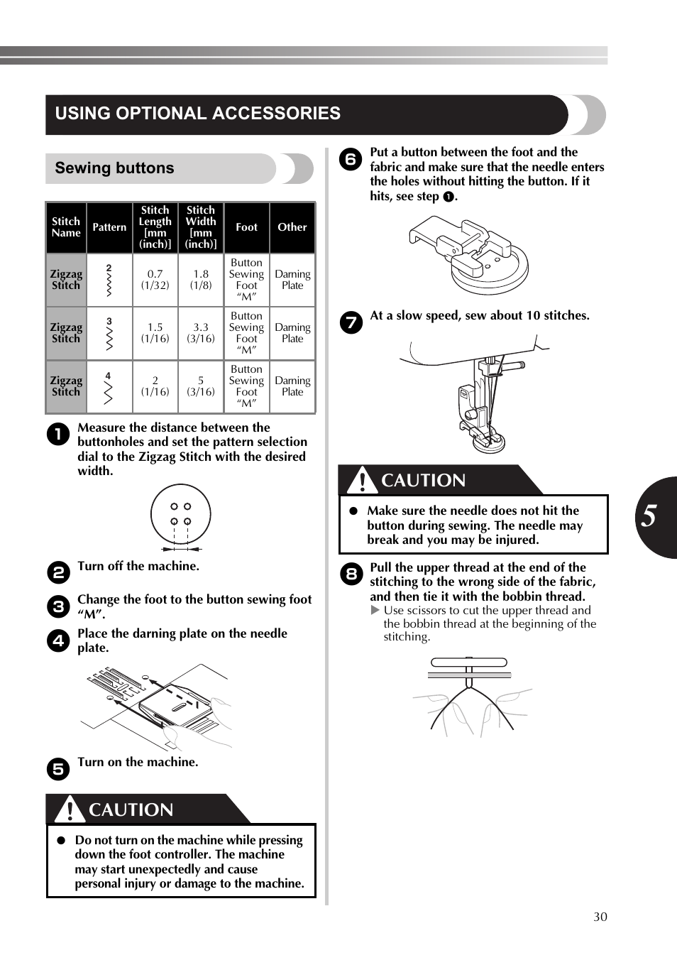 Using optional accessories, Sewing buttons, Caution | Brother 888-X56 User Manual | Page 31 / 40