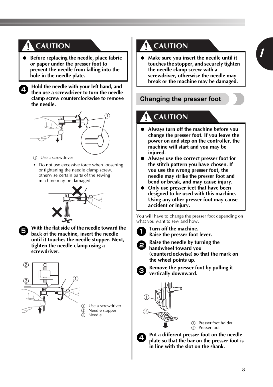 Changing the presser foot, Caution | Brother 888-X56 User Manual | Page 9 / 40