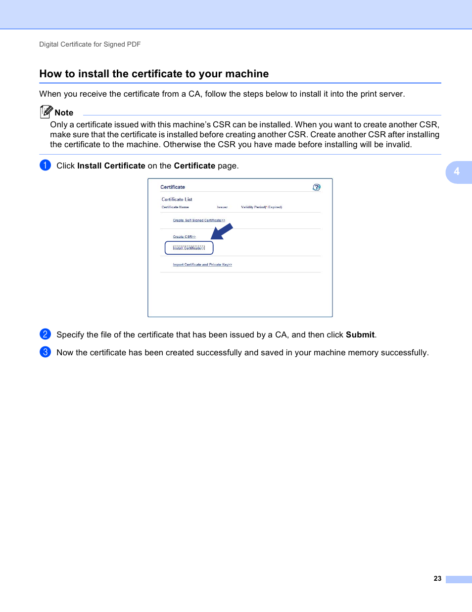 How to install the certificate to your machine, 4how to install the certificate to your machine | Brother 8910DW User Manual | Page 26 / 31