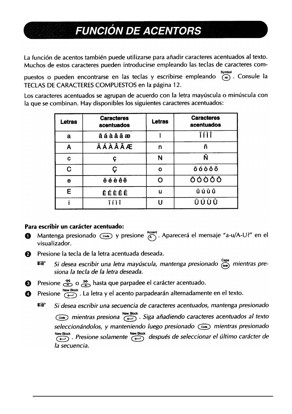 Funcion de acentors | Brother PT-330 User Manual | Page 117 / 150