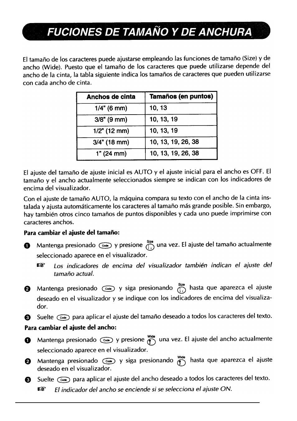 Fuciones de tamaño y de anchura, Anchos de cinta tamaños (en puntos) | Brother PT-330 User Manual | Page 122 / 150