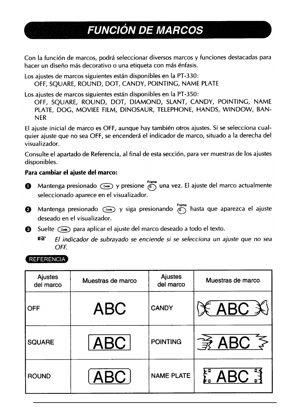 Casibd, Of abc, Abc -sabc | Funcion de marcos | Brother PT-330 User Manual | Page 127 / 150