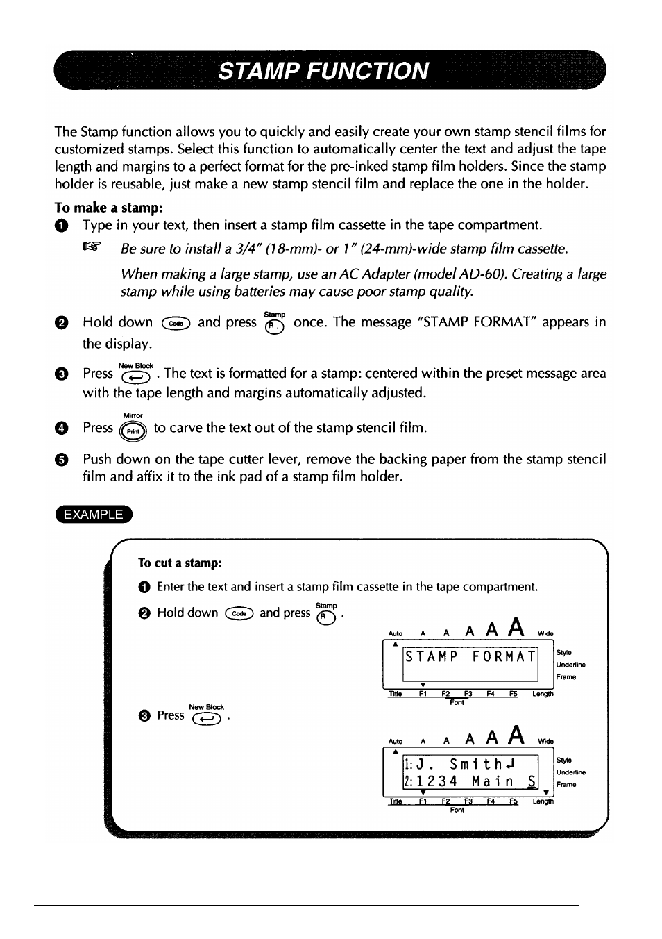 Stamp function | Brother PT-330 User Manual | Page 56 / 150