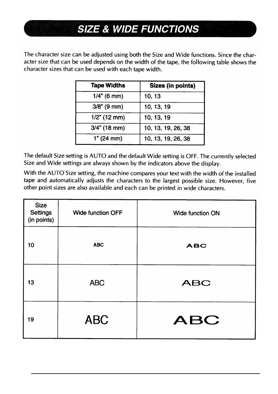 Size & wide functions | Brother PT-330 User Manual | Page 59 / 150