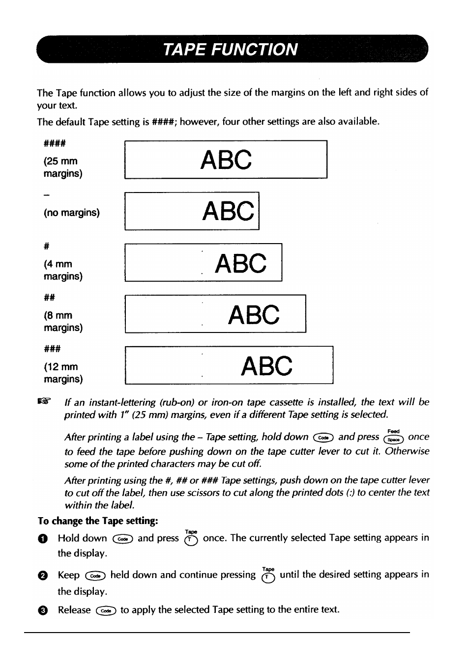 Tape function | Brother PT-330 User Manual | Page 72 / 150