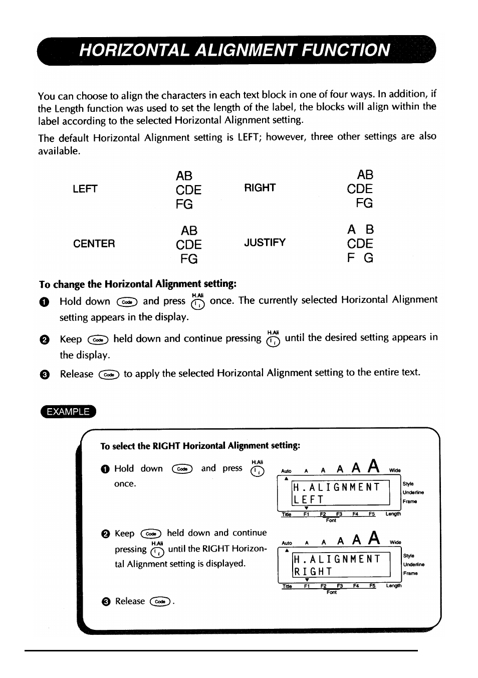 Horizontal alignment function, Ab cde, Cde fg fg ab a b cde | Cde fg f g | Brother PT-330 User Manual | Page 74 / 150
