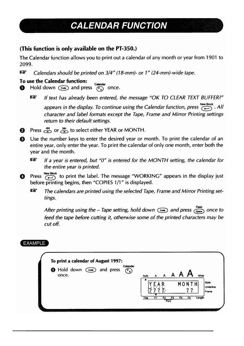 Calendar function, O hold down cc^ and press once, O press or to select either year or month | Hold down and press once, Font, This function is only available on the pt-350.) | Brother PT-330 User Manual | Page 86 / 150