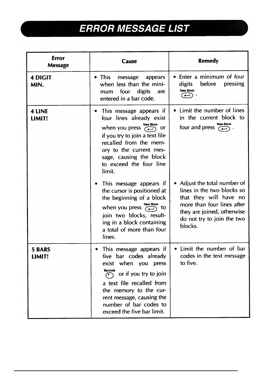 Error message list | Brother PT-330 User Manual | Page 92 / 150
