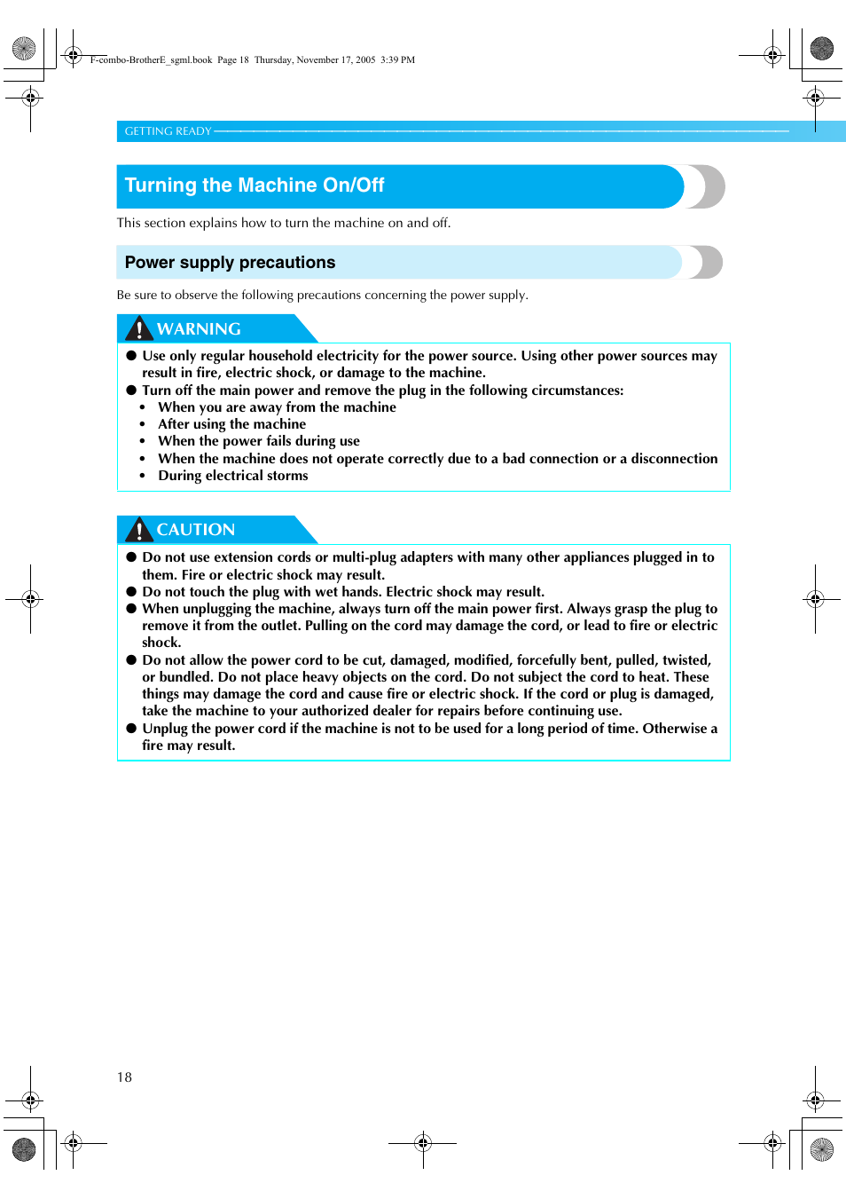 Turning the machine on/off, Power supply precautions, Warning caution | Brother Computerized Embroidery Machine User Manual | Page 19 / 86