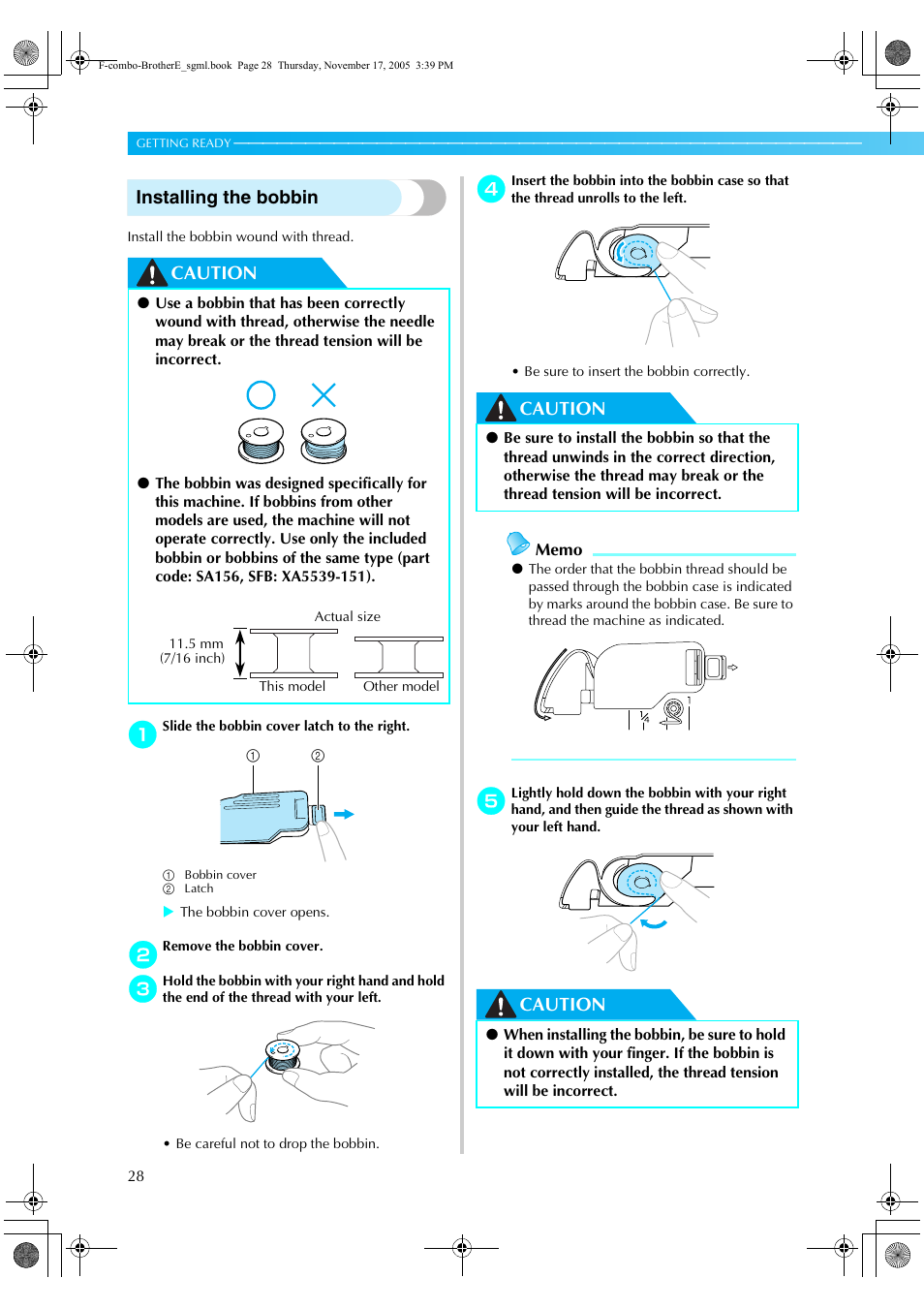 Installing the bobbin, Caution | Brother Computerized Embroidery Machine User Manual | Page 29 / 86