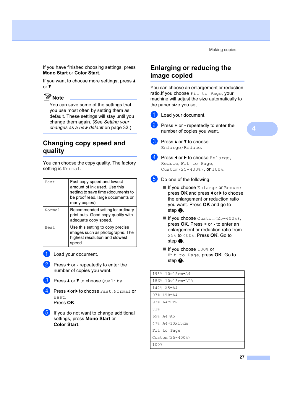 Changing copy speed and quality, Enlarging or reducing the image copied | Brother DCP-385C User Manual | Page 33 / 122