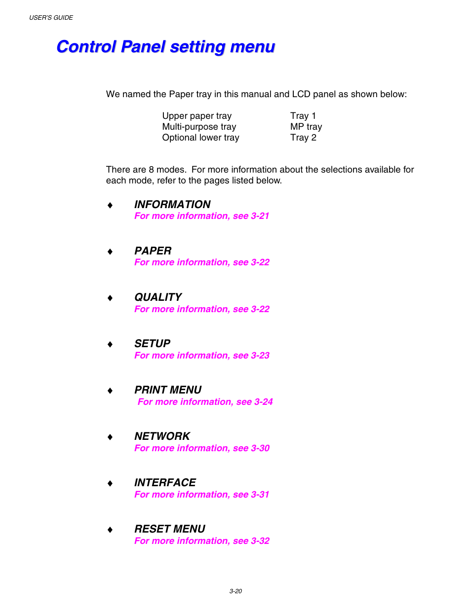 Control panel setting menu, Control panel setting menu -20 | Brother HL-1650/1670N User Manual | Page 100 / 235