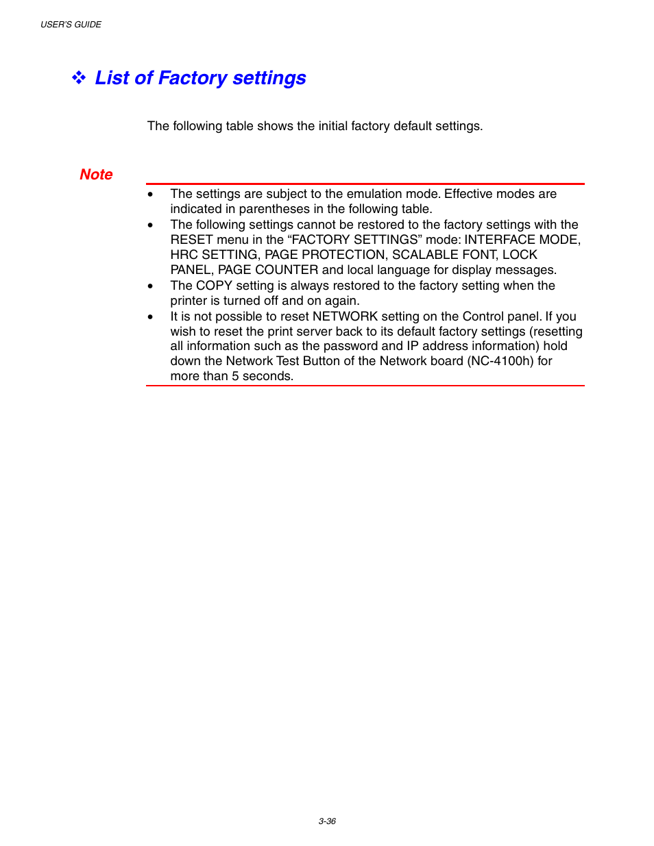 List of factory settings | Brother HL-1650/1670N User Manual | Page 116 / 235