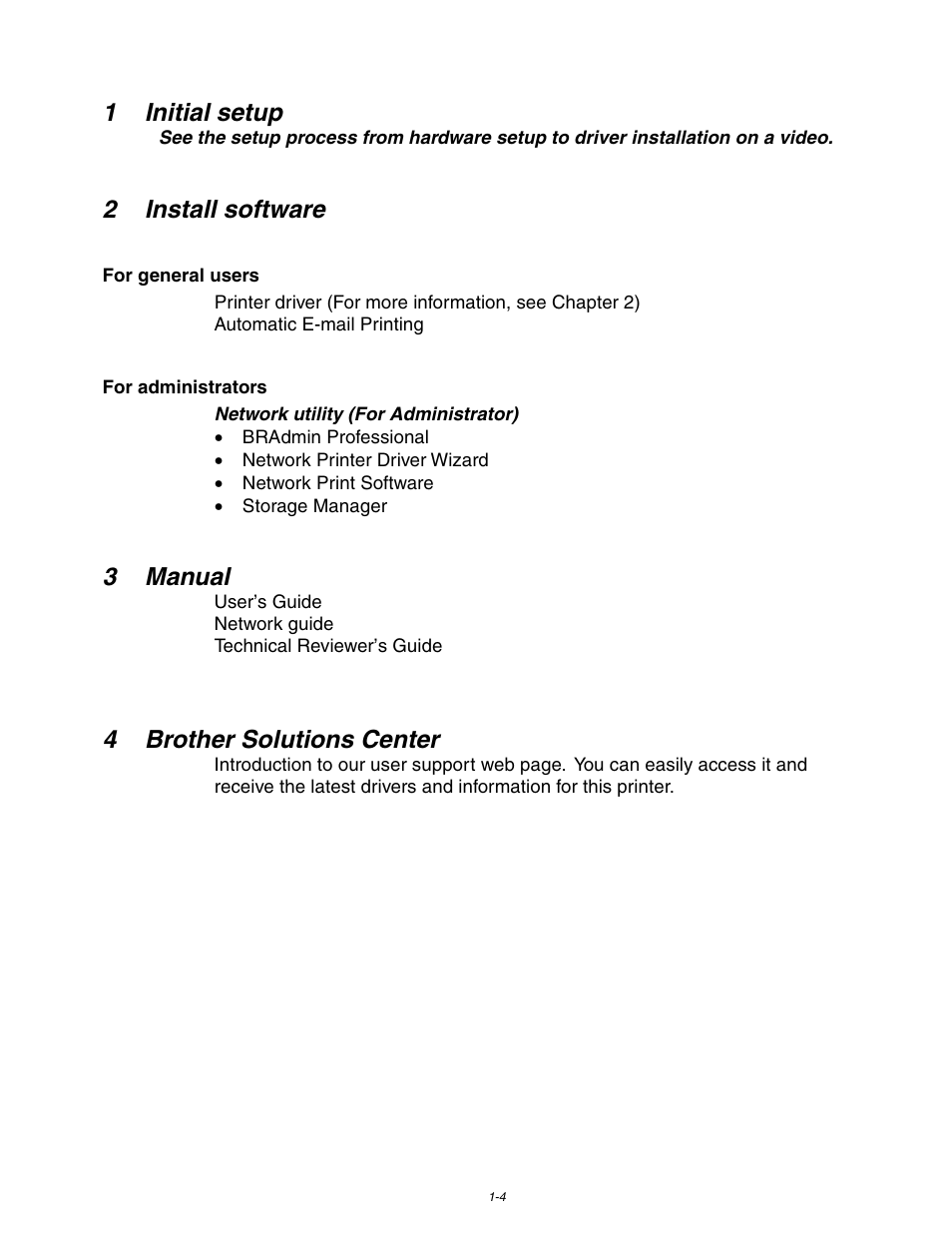 1initial setup, 2install software, 3manual | 4brother solutions center | Brother HL-1650/1670N User Manual | Page 14 / 235