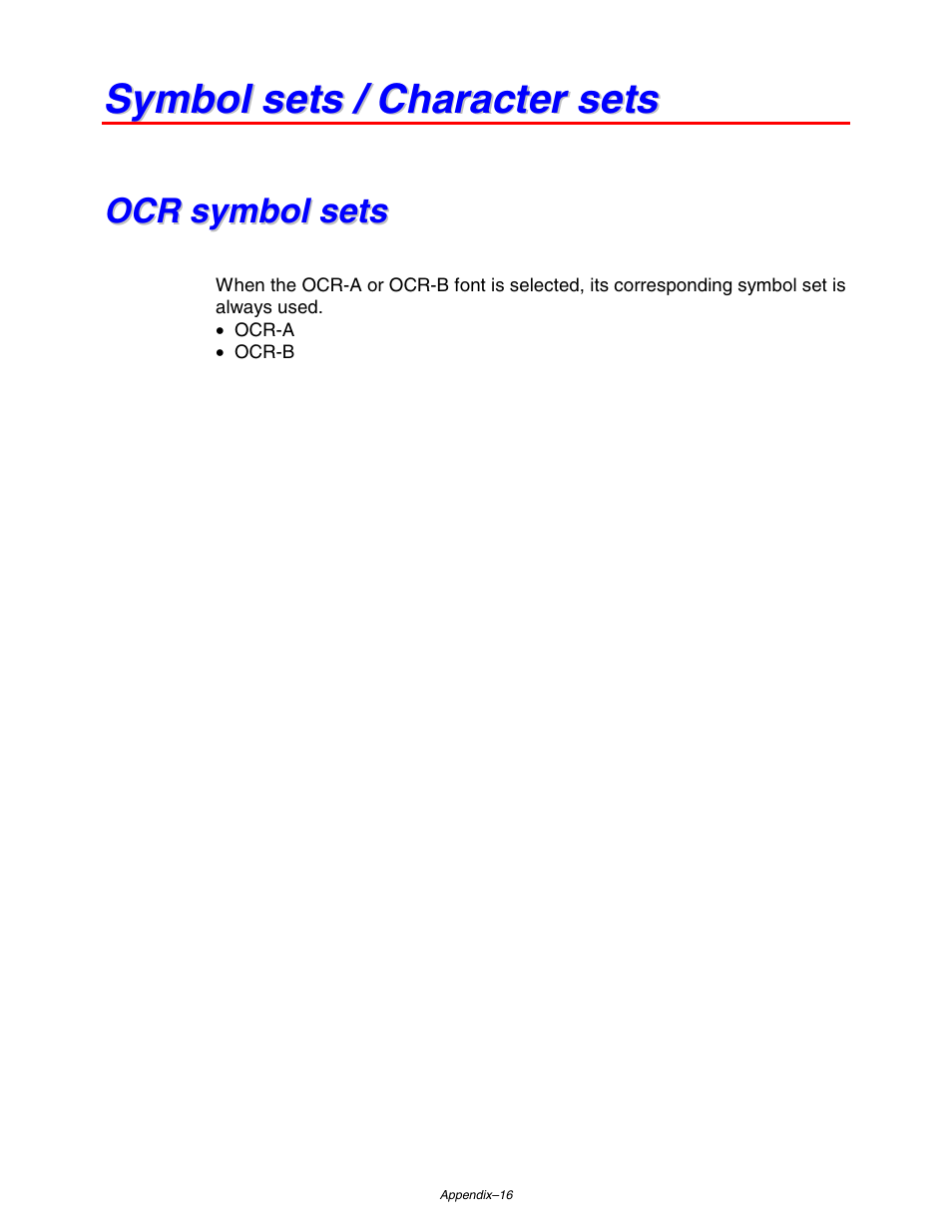 Symbol sets / character sets, Ocr symbol sets, Appendix-16 | Brother HL-1650/1670N User Manual | Page 217 / 235