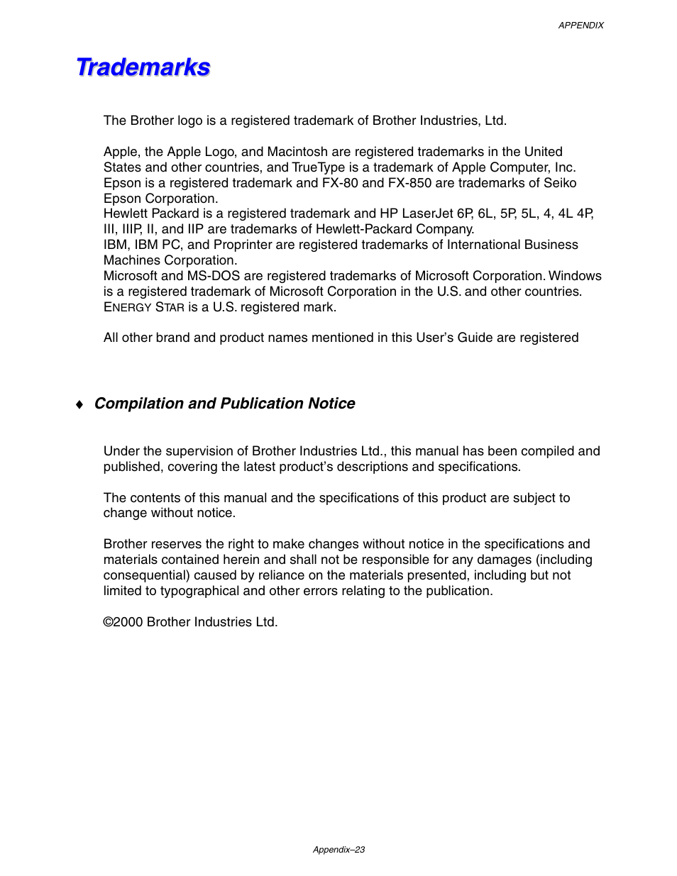 Trademarks | Brother HL-1650/1670N User Manual | Page 224 / 235