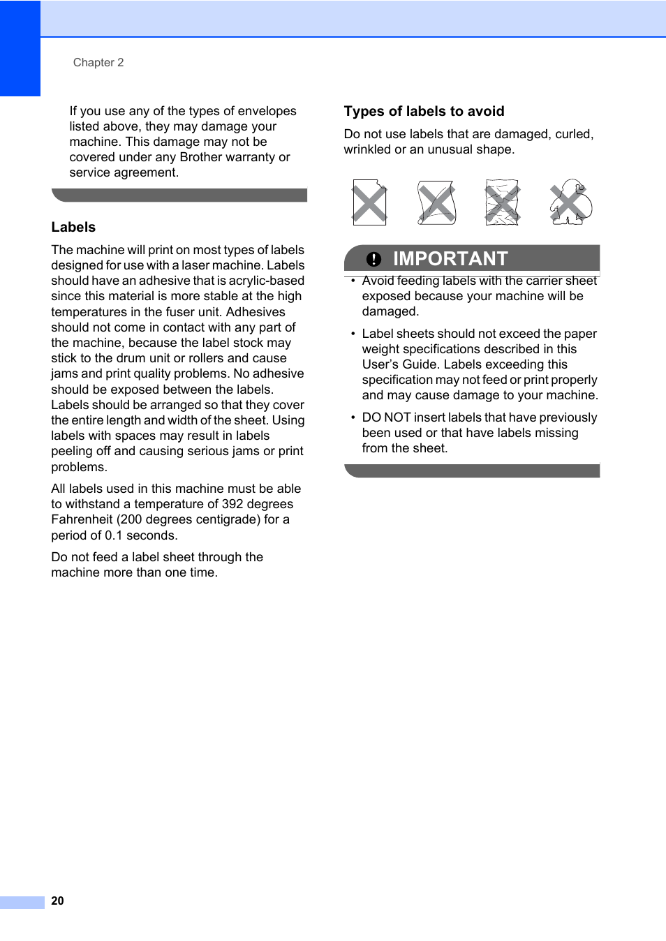 Labels, Types of labels to avoid, Important | Brother HL-2280DW User Manual | Page 34 / 112