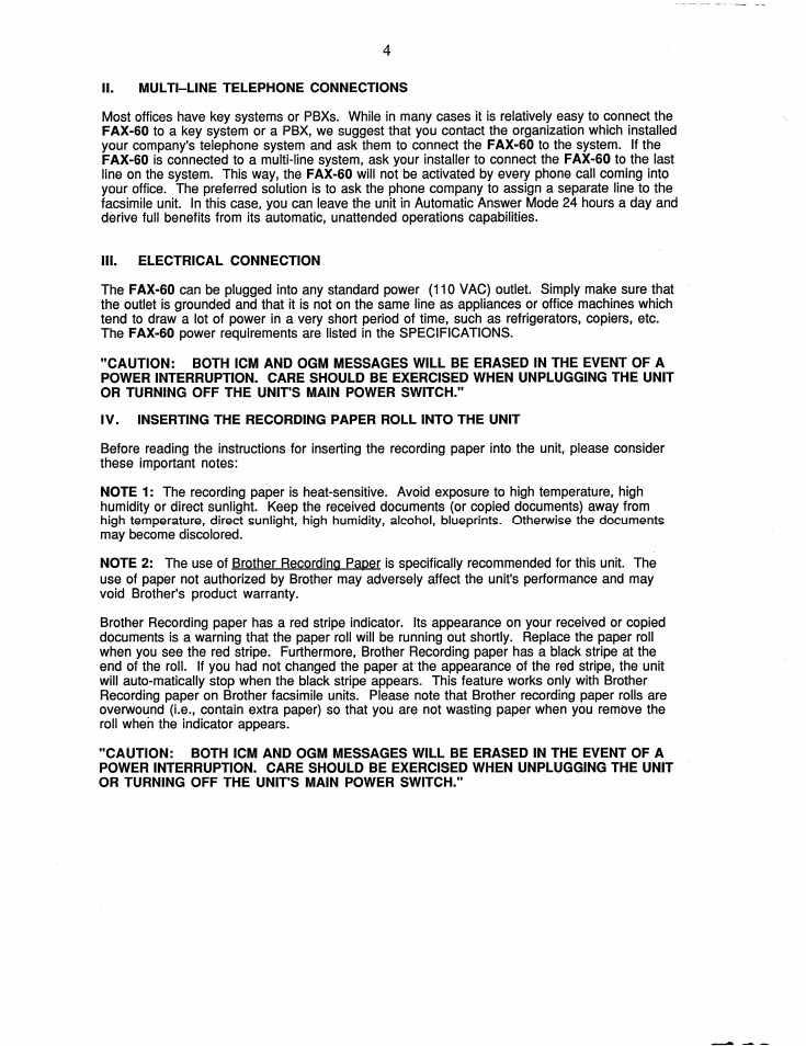 Ii. multi-line telephone connections, Iii. electrical connection | Brother FAX-60 User Manual | Page 10 / 36