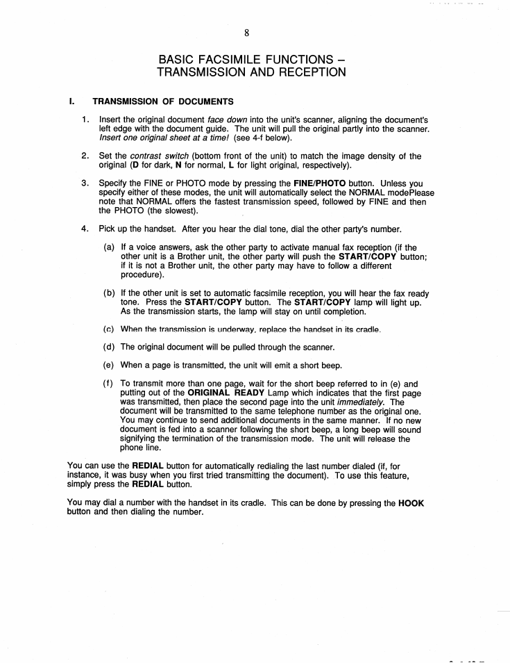 I. transmission of documents | Brother FAX-60 User Manual | Page 14 / 36