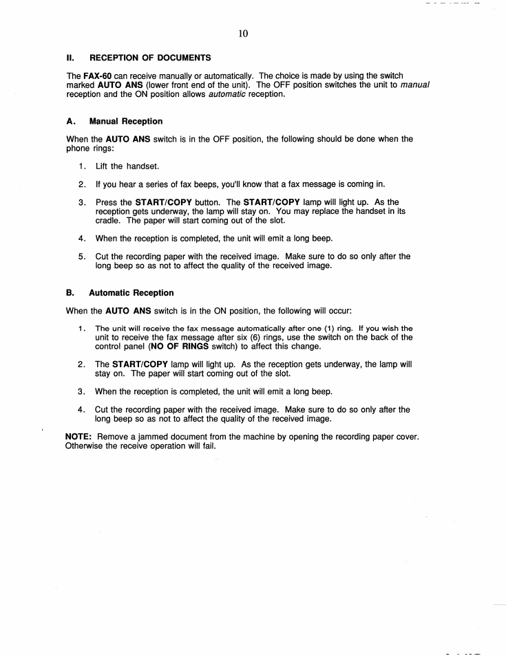Ii. reception of documents, A. manual reception, B. automatic reception | Brother FAX-60 User Manual | Page 16 / 36