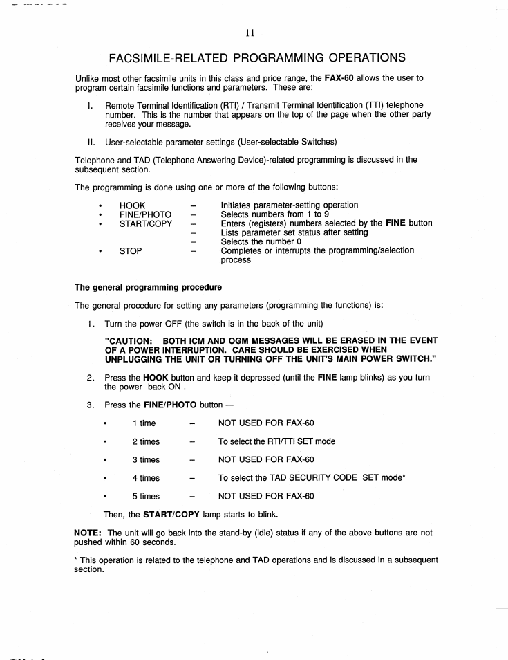 The general programming procedure, Facsimile-related programming operations | Brother FAX-60 User Manual | Page 17 / 36