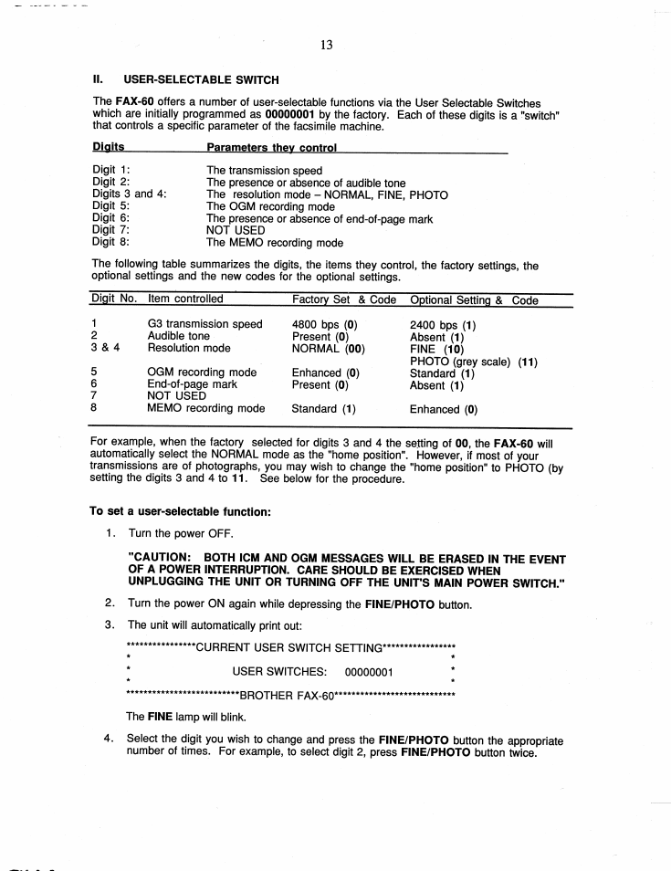Ii. user-selectable switch, To set a user-selectable function | Brother FAX-60 User Manual | Page 19 / 36