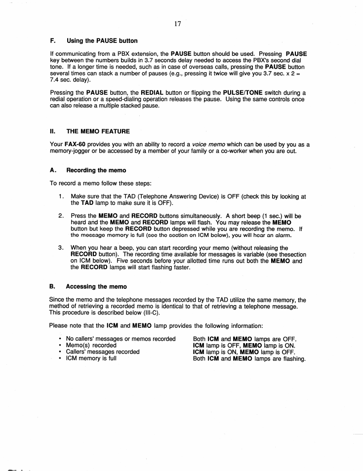 F. using the pause button, The memo feature, A. recording the memo | B. accessing the memo | Brother FAX-60 User Manual | Page 23 / 36