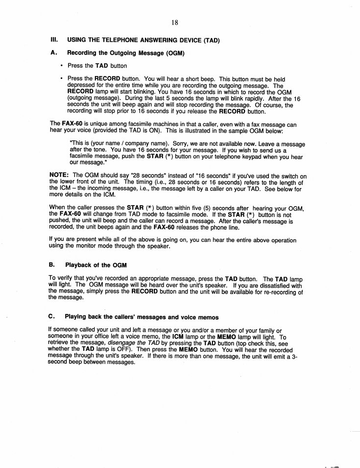 Ill. using the telephone answering device (tad), A. recording the outgoing message (ogm), B. playback of the ogm | Brother FAX-60 User Manual | Page 24 / 36