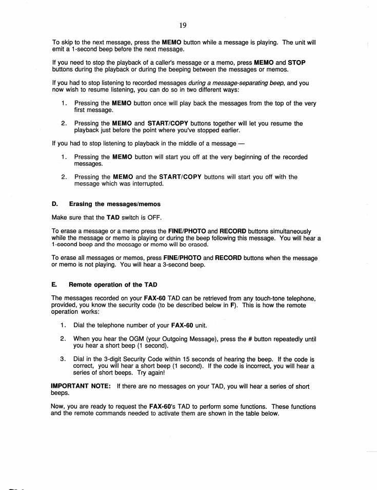 D. erasing the messages/memos, E. remote operation of the tad | Brother FAX-60 User Manual | Page 25 / 36