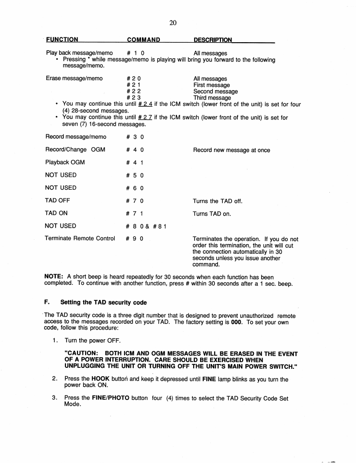 F. setting the tad security code | Brother FAX-60 User Manual | Page 26 / 36